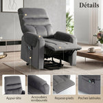 Fauteuil releveur électrique massage vibration et chaleur, fauteuil relax électrique en velours, gris foncé
