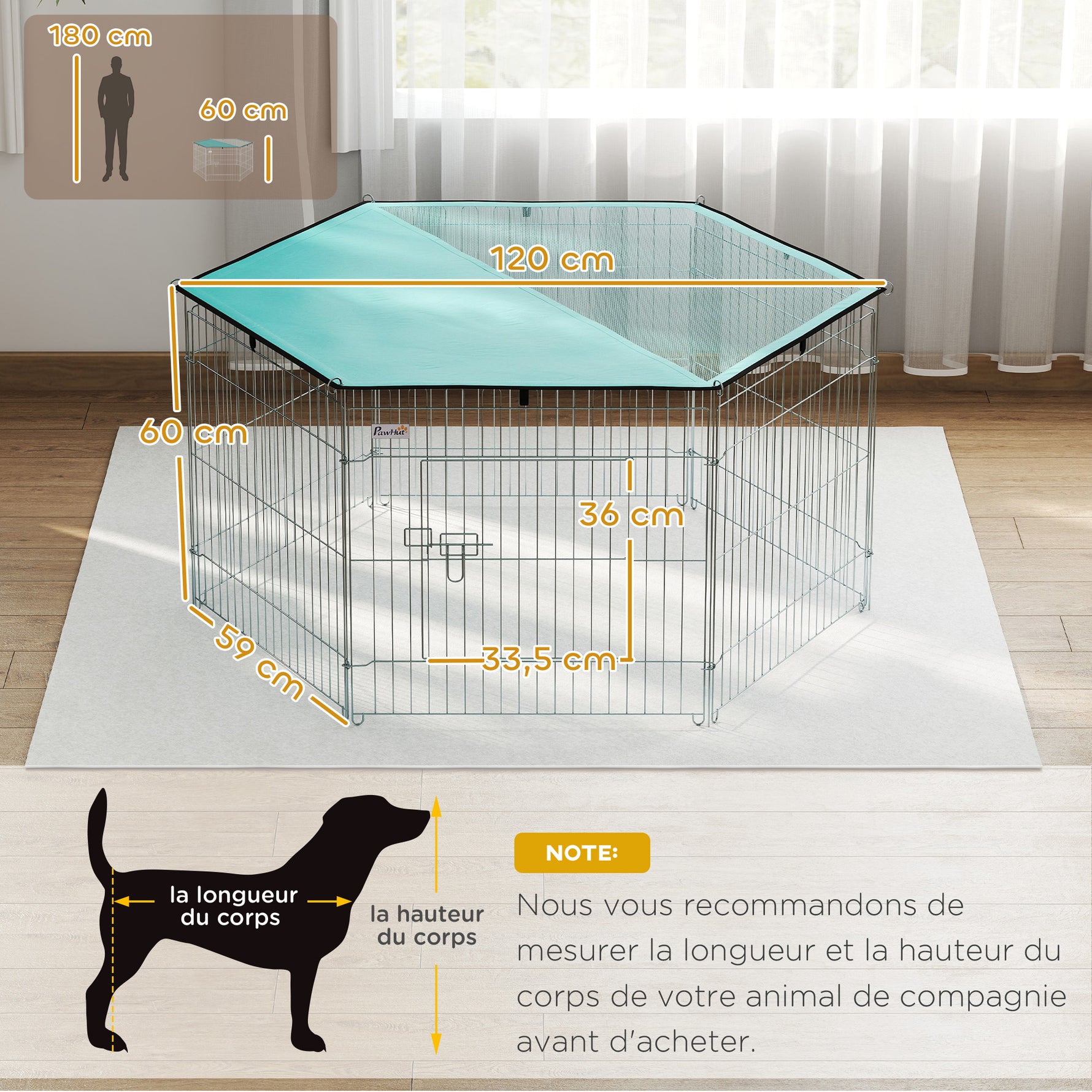 Parc pour chien, enclos chien 6 panneaux avec toit, modulable et pliable, enclos portable 60H cm avec porte, clôture pour chat, chiens de petit taille, intérieur et extérieur, argent, vert