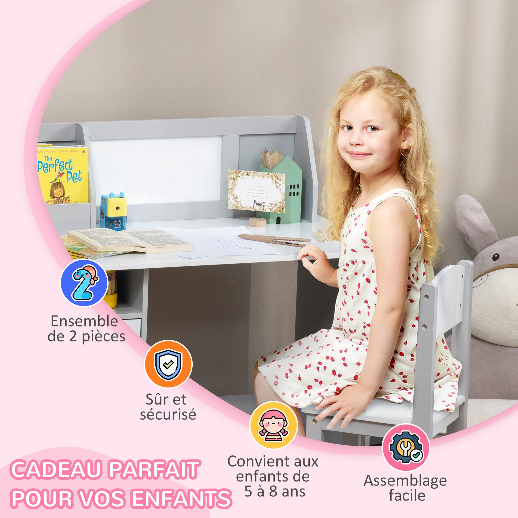 Ensemble table et chaise pour enfant avec tableau blanc - bureau pour enfant +5 ans - 90L x 45l x 85H cm Gris