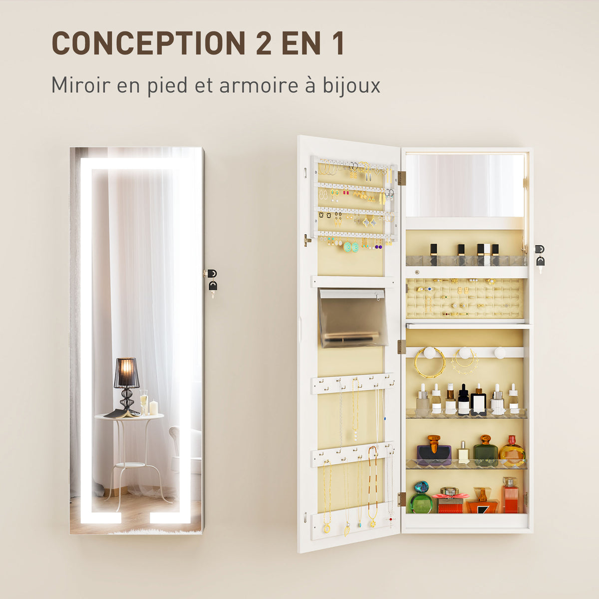 Armoire à bijoux avec LED, organisateur de bijoux mural/de porte verrouillable avec miroir, 37 x 10,5 x 108 cm, blanc