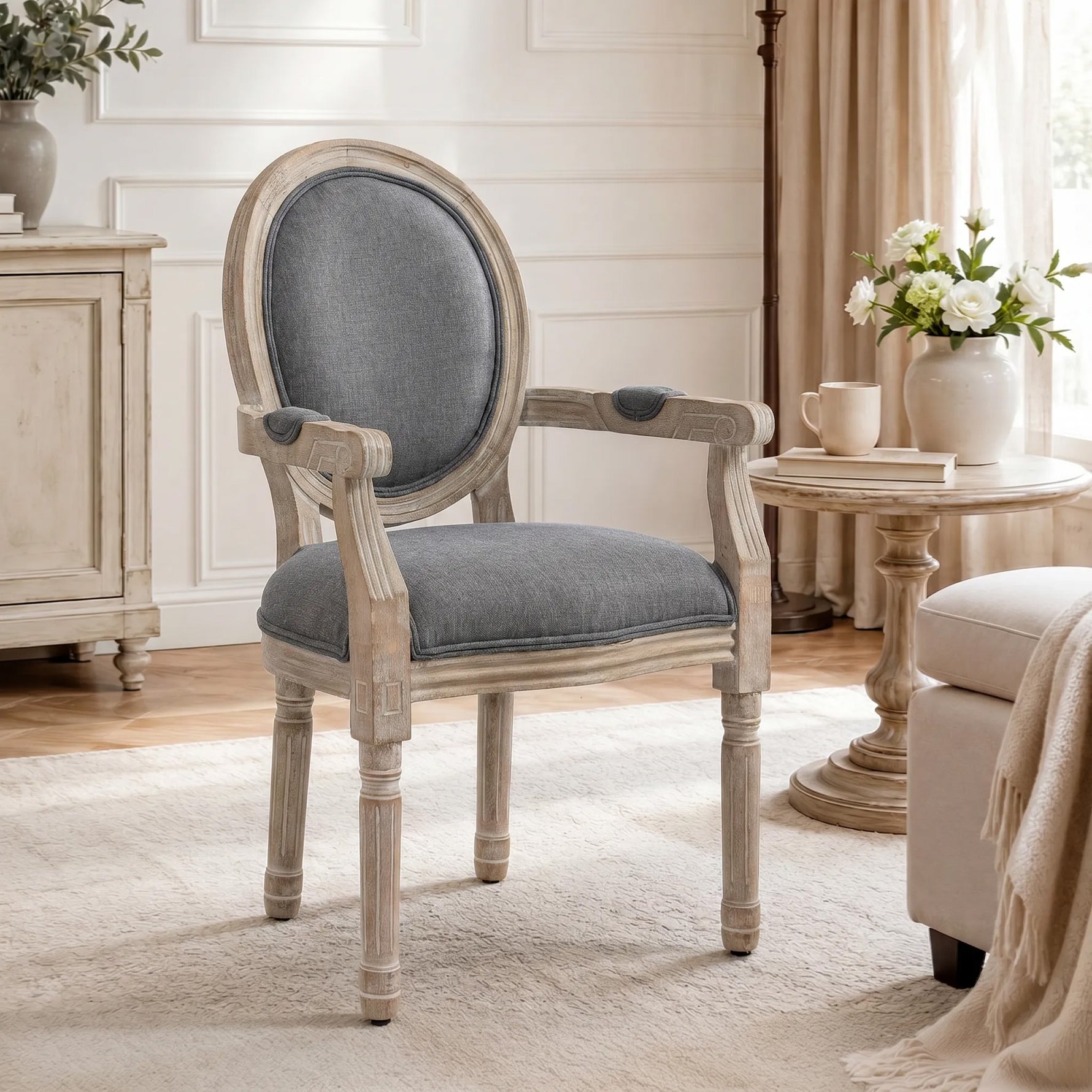 Chaise de Salle à Manger Chaise de Salon médaillon Style Louis XVI Bois Massif patiné sculpté Tissu Lin Gris