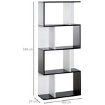 Bibliothèque à 5 niveaux, meuble de rangement en forme de S avec étagères, étagère de rangement pour salon, chambre bureau, 60 x 24 x 148 cm, noir, blanc