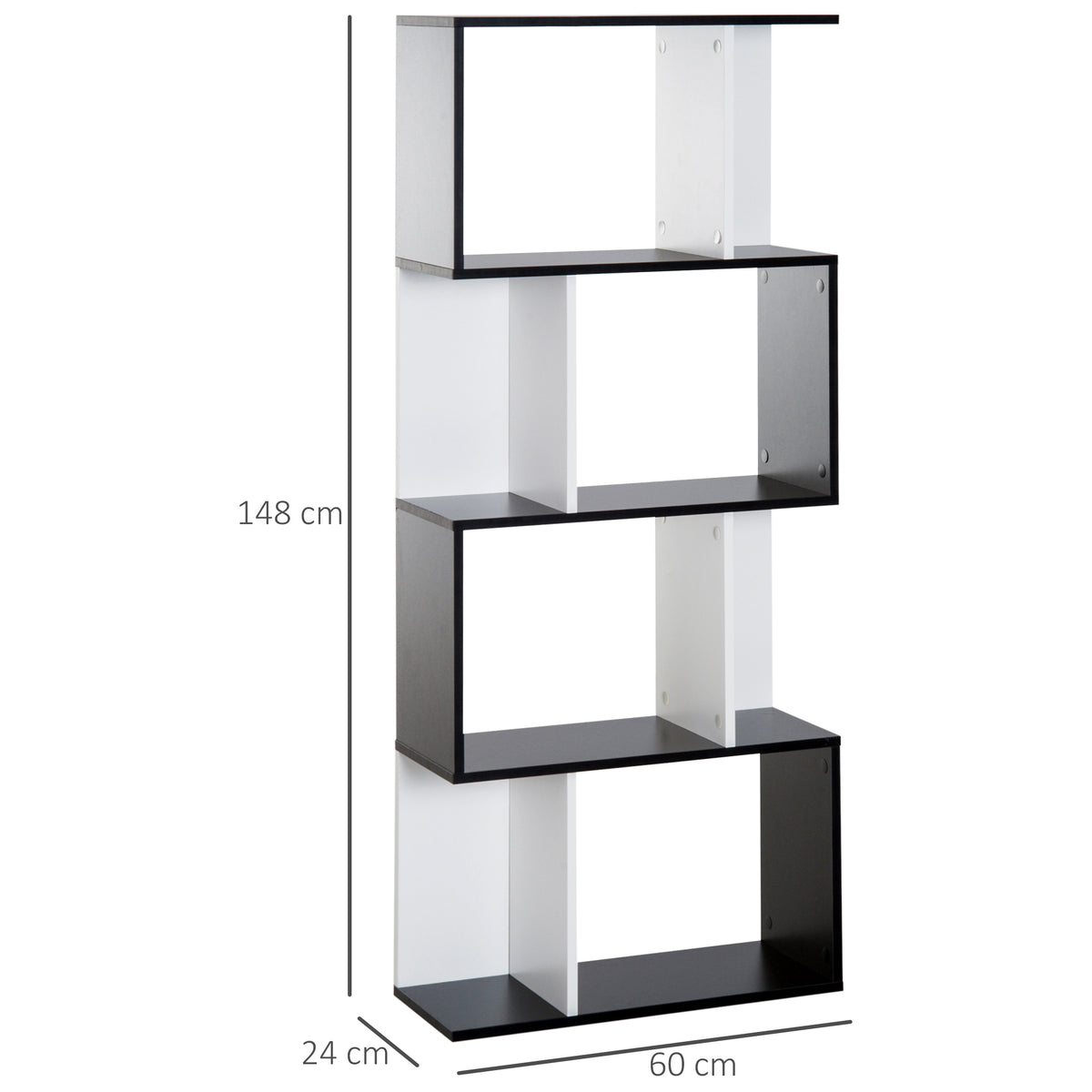 Bibliothèque à 5 niveaux, meuble de rangement en forme de S avec étagères, étagère de rangement pour salon, chambre bureau, 60 x 24 x 148 cm, noir, blanc