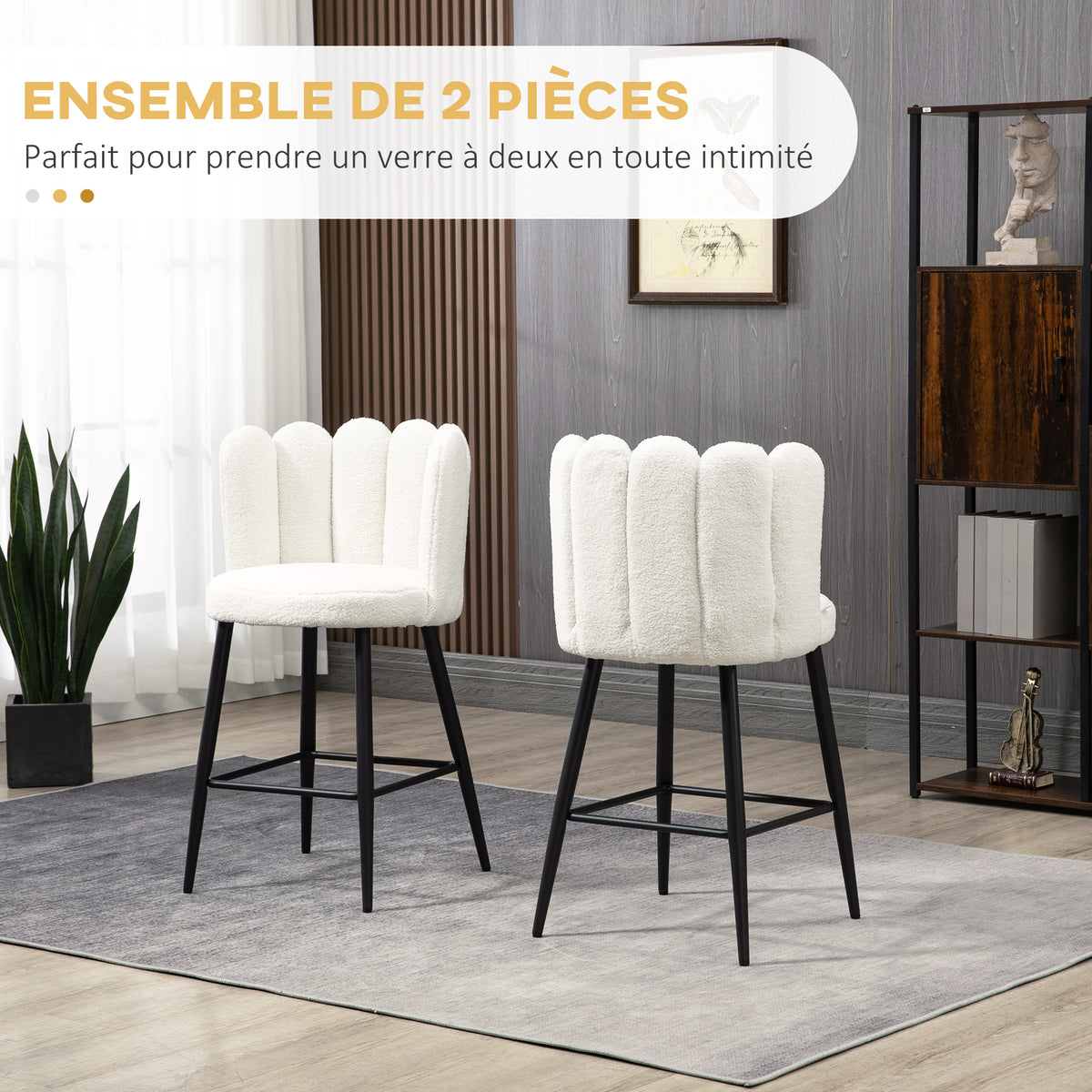 2er-Set Barhocker mit Fußstütze Stahl Stoff in Bouclé-Optik Höhe 65 cm Creme Schwarz