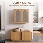 Armoire murale de salle de bain bohème avec 2 portes effet rotin à fermeture douce et étagère réglable, chêne