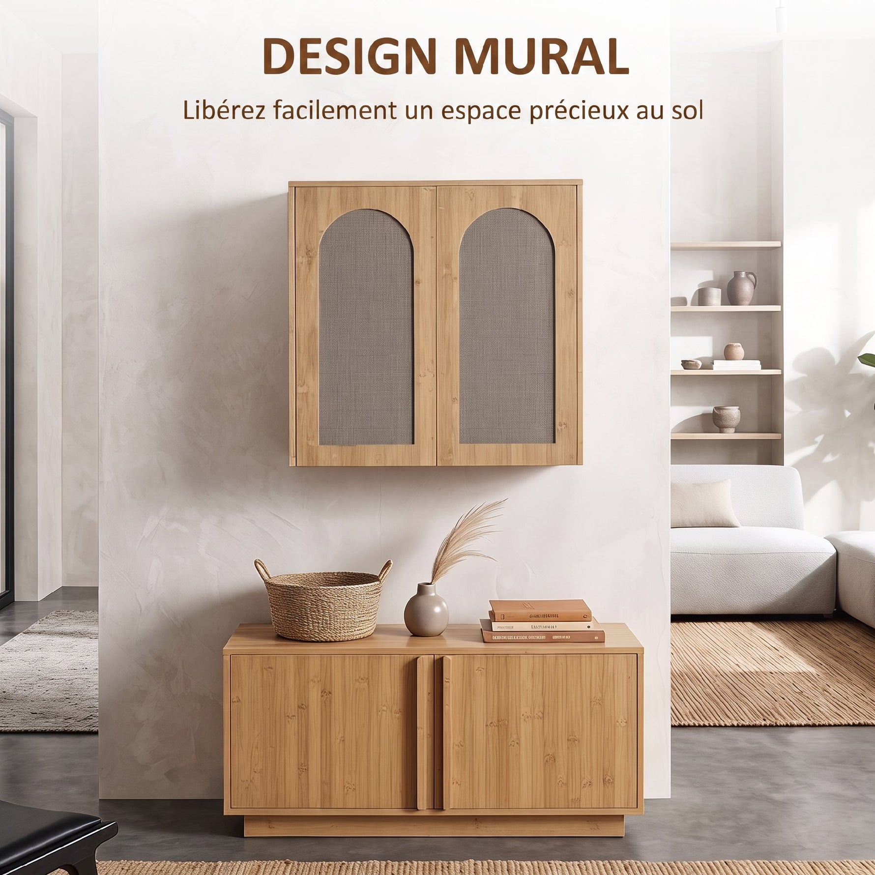 Armoire murale de salle de bain bohème avec 2 portes effet rotin à fermeture douce et étagère réglable, chêne