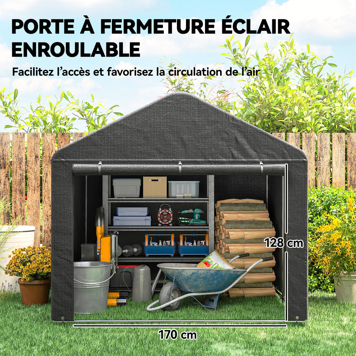 Abri de jardin tente de stockage imperméable abri moto porte enroulable fermeture éclair, 200 x 238 x 183 cm, gris foncé