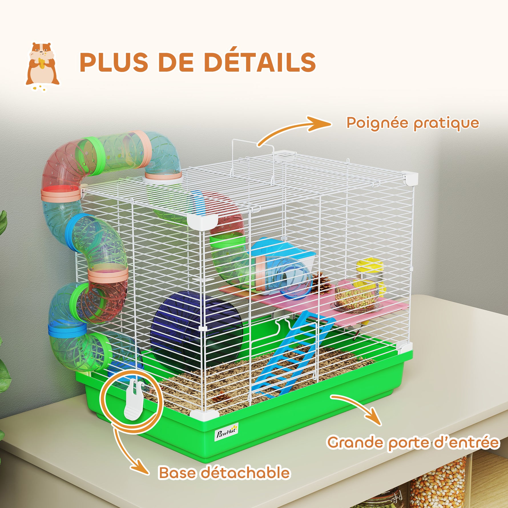 Cage à hamster rongeur 2 niveaux avec tunnel, biberon eau, roue, maisonnette, échelles 46 x 30 x 37 cm vert