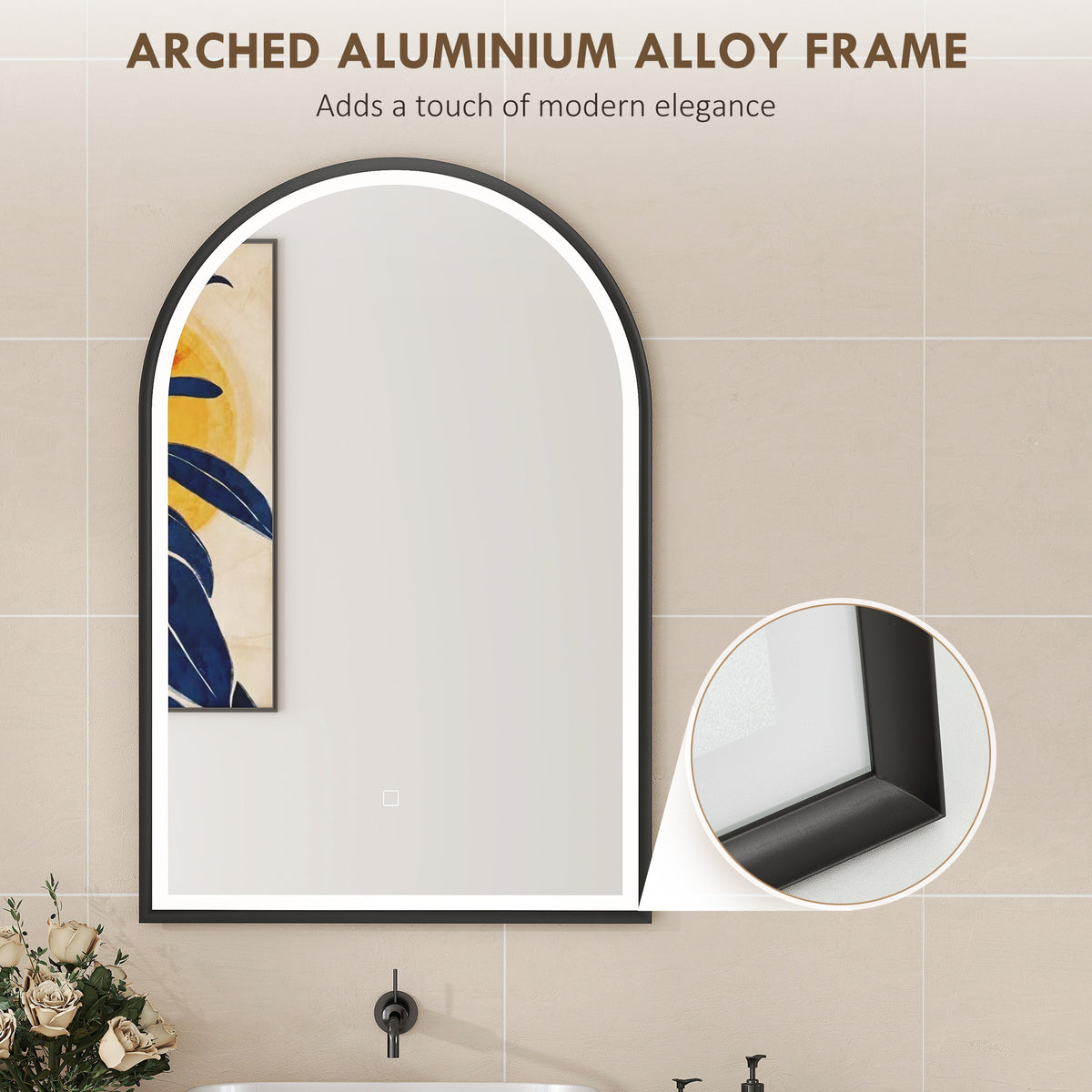 Miroir Salle de Bain avec Éclairage 60 x 90 cm, Miroir LED Arqué, Anti-Buée, 3 Couleurs Lumière, Dimmable, Mémoire, Noir