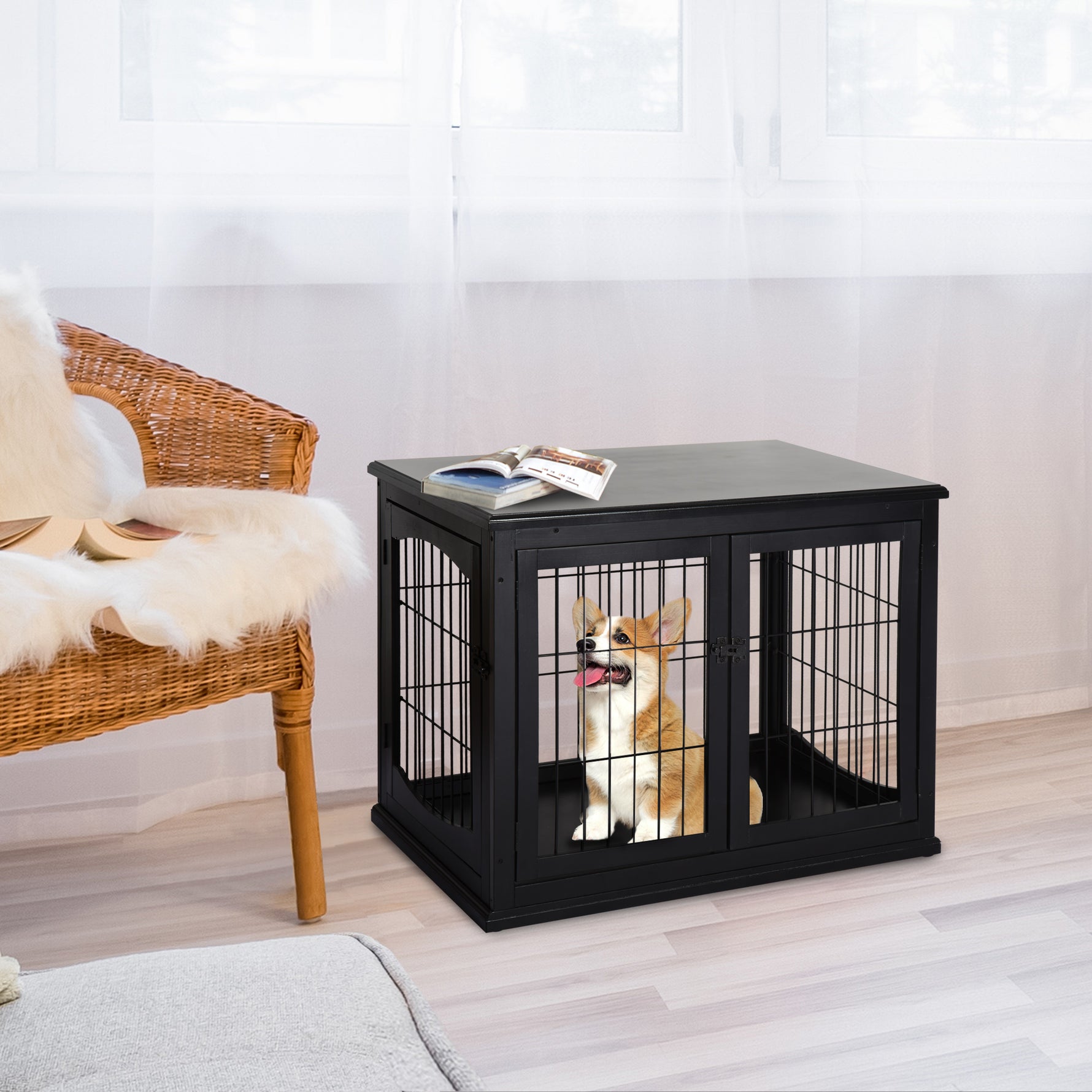 Cage pour chien animaux meuble cage chien intérieur en bois MDF classe E1 3 portes verrouillables max. 30 Kg dim. 81L x 58l x 66H cm noir