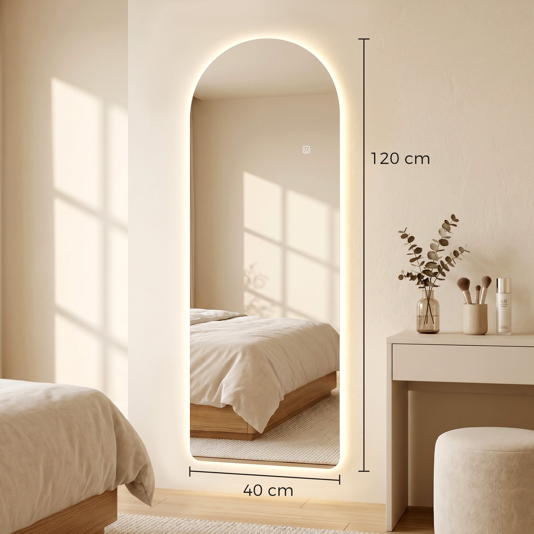 Grand miroir mural 120 x 40 cm avec éclairage LED miroir arqué, intensité variable et 3 couleurs d'éclairage transparent