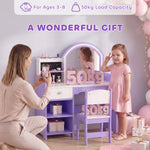 Coiffeuse pour Enfants avec Tabouret et Miroir en Acrylique à Éclairage Bicolore Coiffeuse Bureau Fille 3-8 Ans Violet