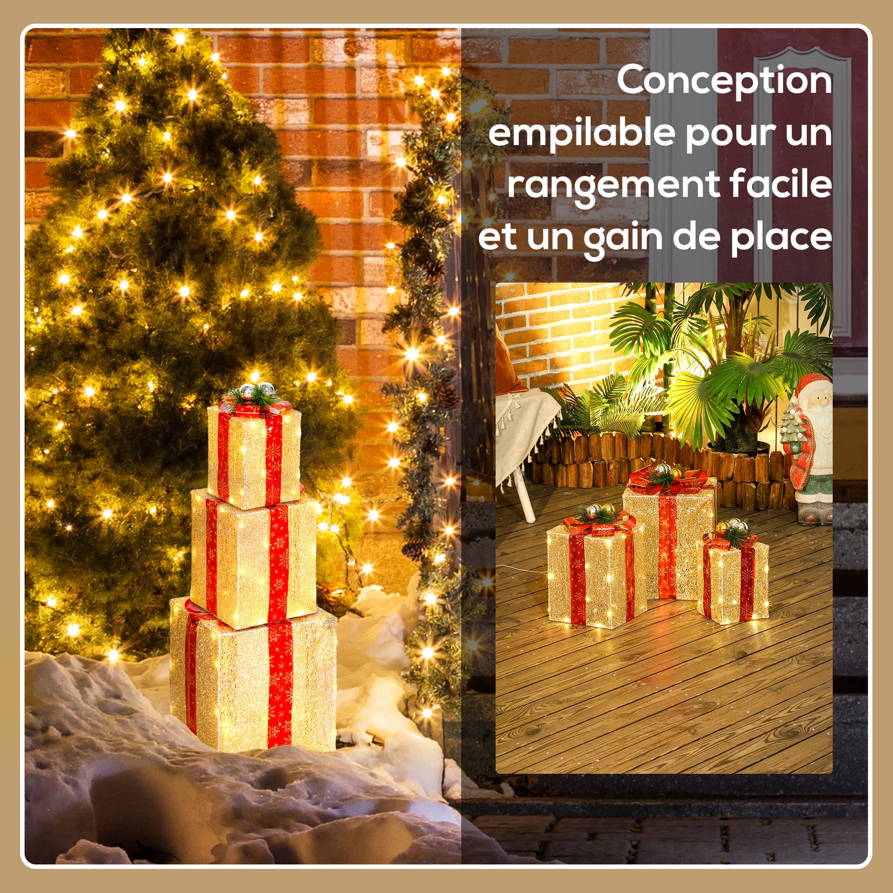 Boîtes cadeaux Noël lumineuse décorations de Noël avec nœud 58 lumières lot de 3 boîtes à cadeaux à LED or