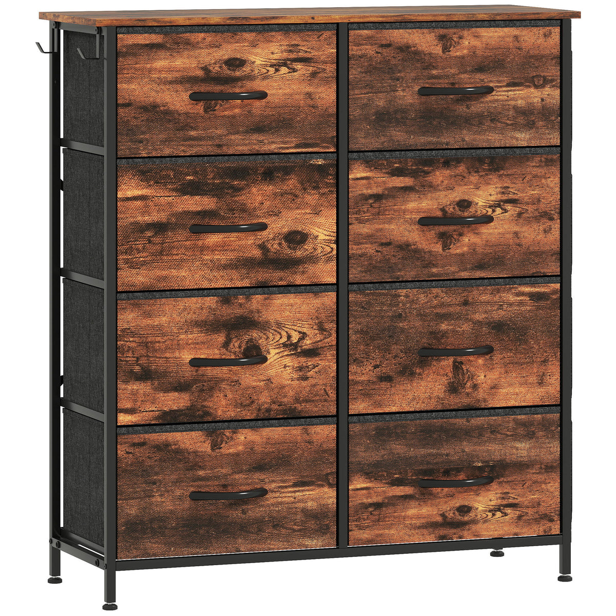 Commode 8 tiroirs en tissu, meuble de rangement, 4 poches, 2 crochets, structure en acier, 86x30x94,5cm, brun rustique