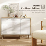 Buffet à haute brillance, meuble de rangement avec 3 portes, étagères réglables, 107 x 35 x 77 cm, blanc et chêne