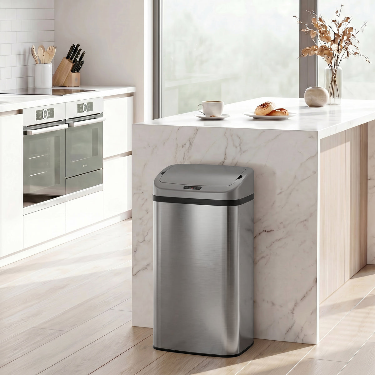 Poubelle de cuisine automatique 48L en acier inoxydable, couvercle à fermeture en douceur, 33x25x69cm, argent
