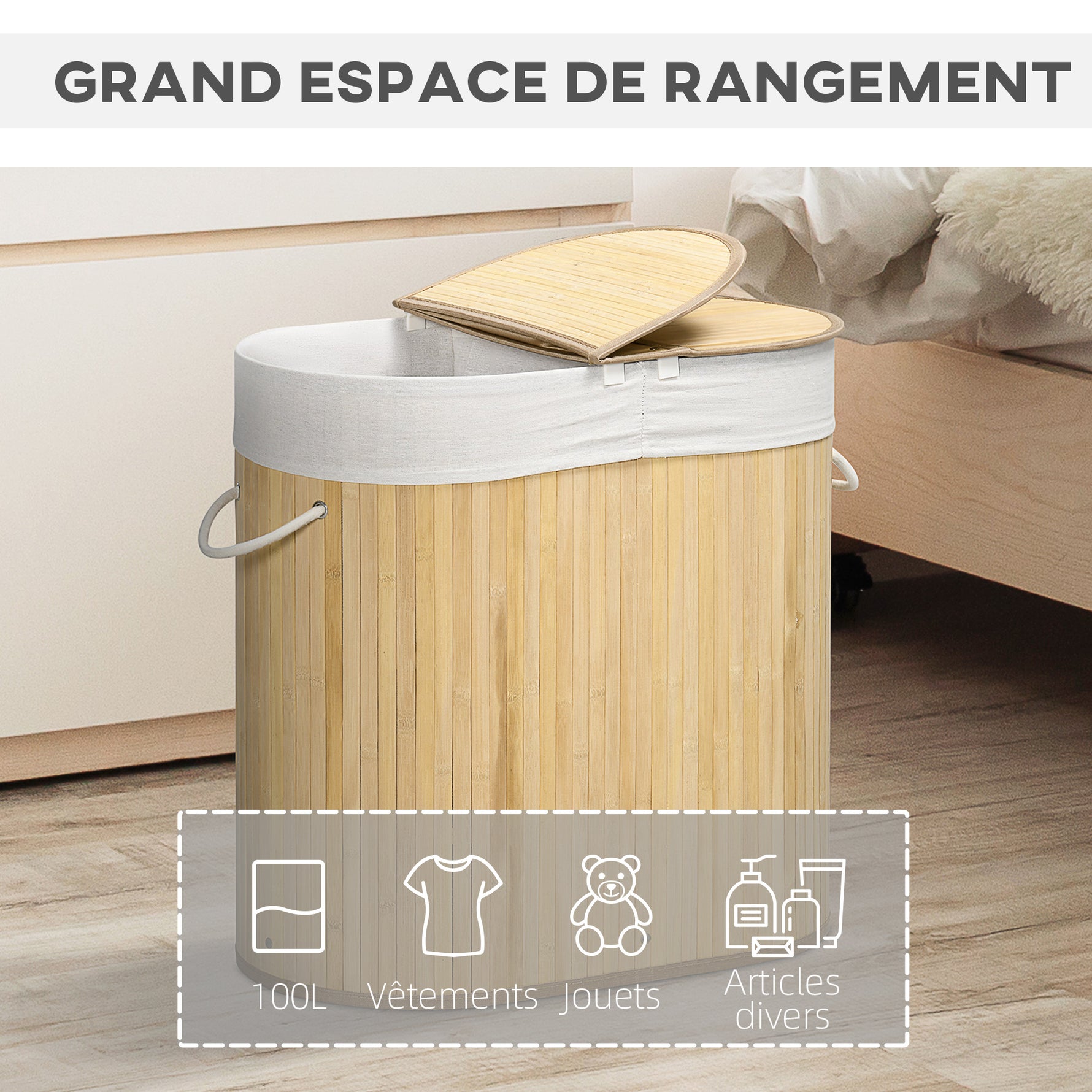Panier à linge en bambou 100L avec 2 sections couvercle et sac amovible 62,5 x 37 x 60,5 cm - naturel