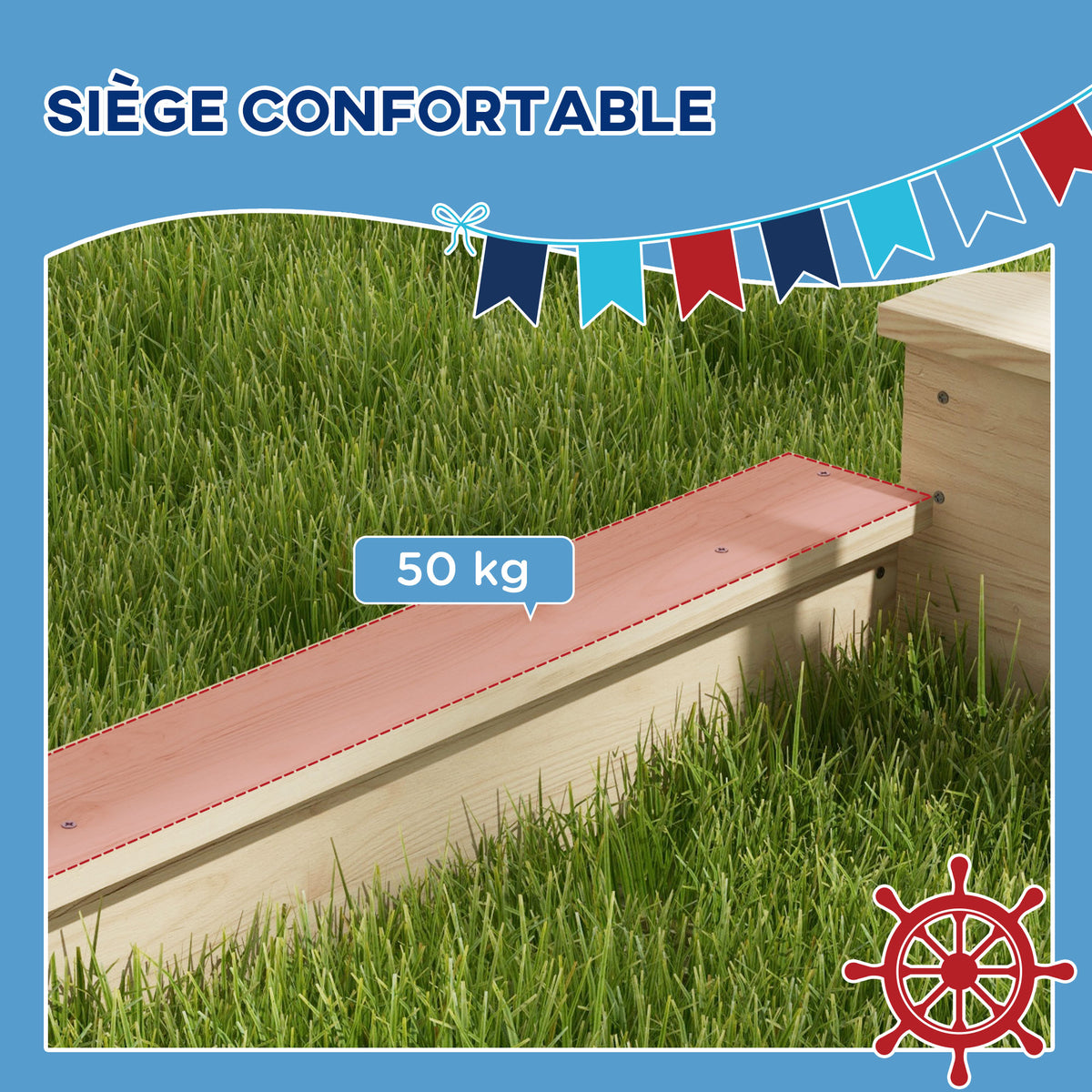 Bac à sable en bois avec jeu de cuisine 6 accessoires coffre rangement gouvernail drapeau 180 x 103 x 144,5 cm naturel