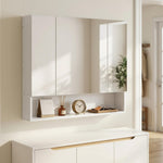 Armadietto a muro da bagno con specchio, mobiletto da bagno 3 ante a specchio, ripiani regolabili, 90x15x75cm, bianco