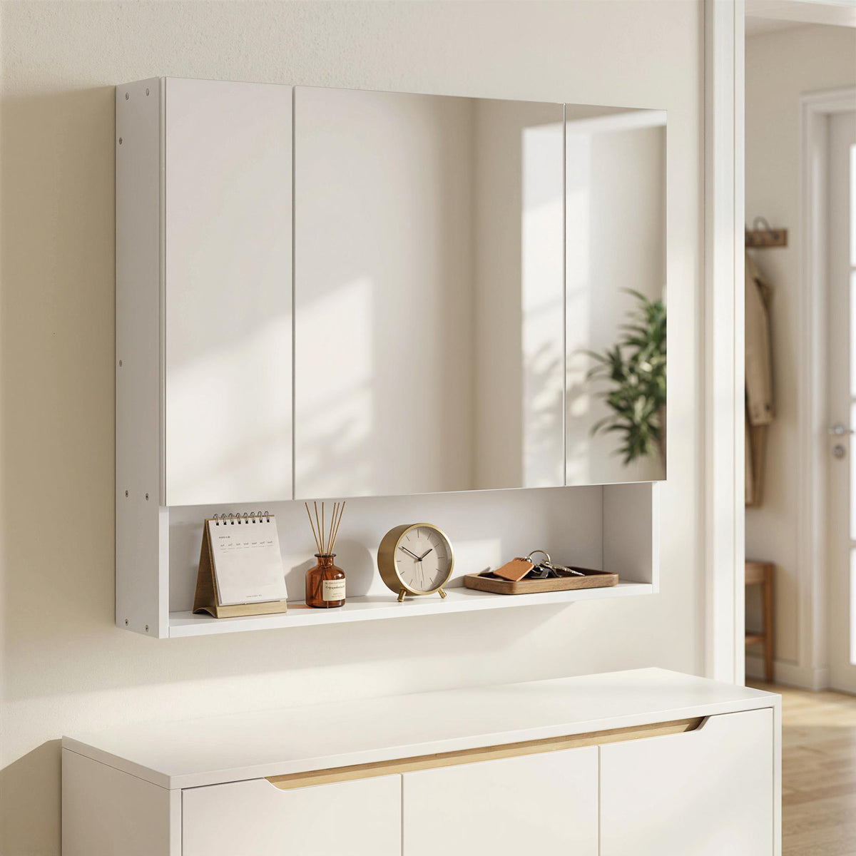 Armadietto a muro da bagno con specchio, mobiletto da bagno 3 ante a specchio, ripiani regolabili, 90x15x75cm, bianco