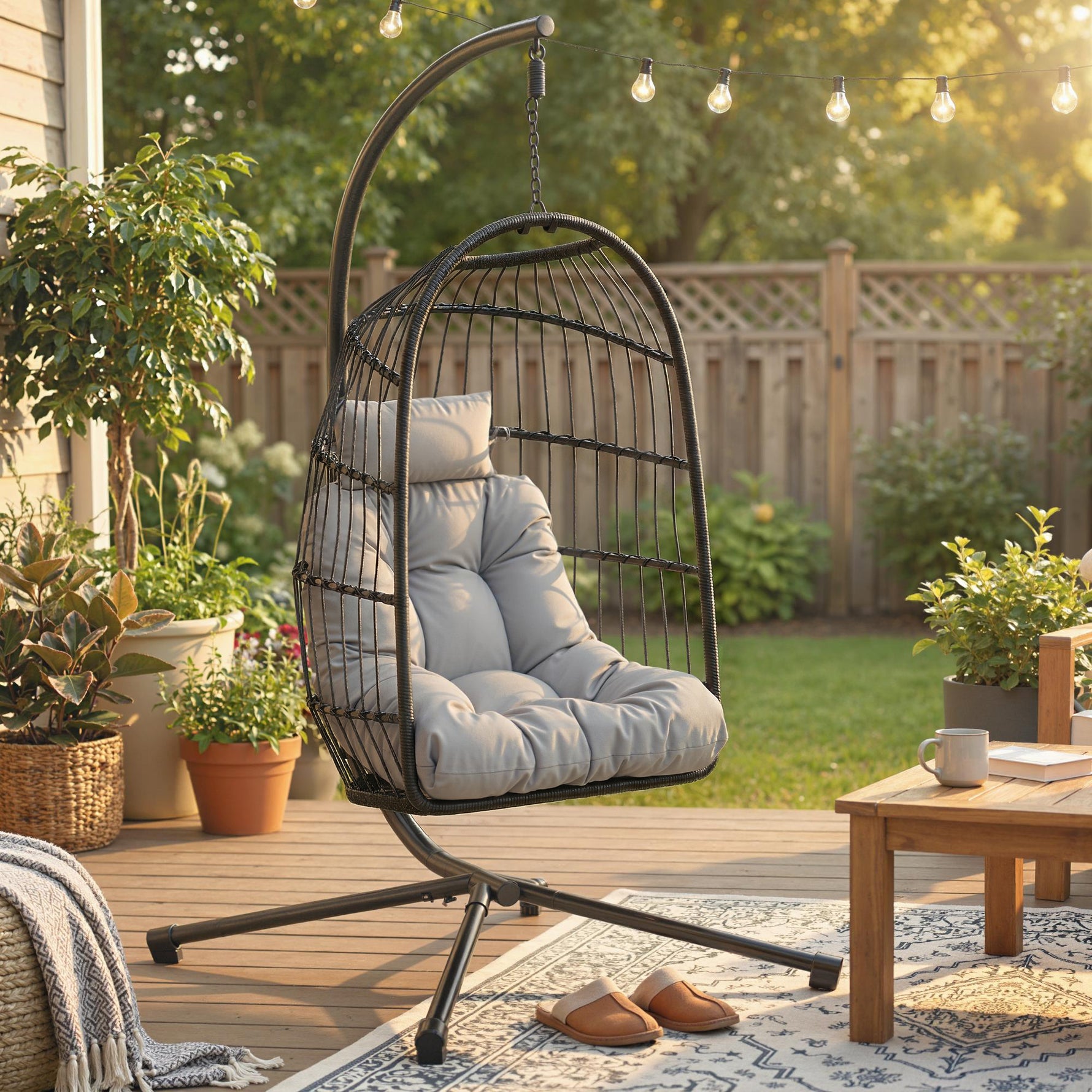 Fauteuil Œuf Suspendu Pliable avec Support Coussin 15cm et Appui-tête Gain de Place Résine Tressée 101x105x196cm Gris