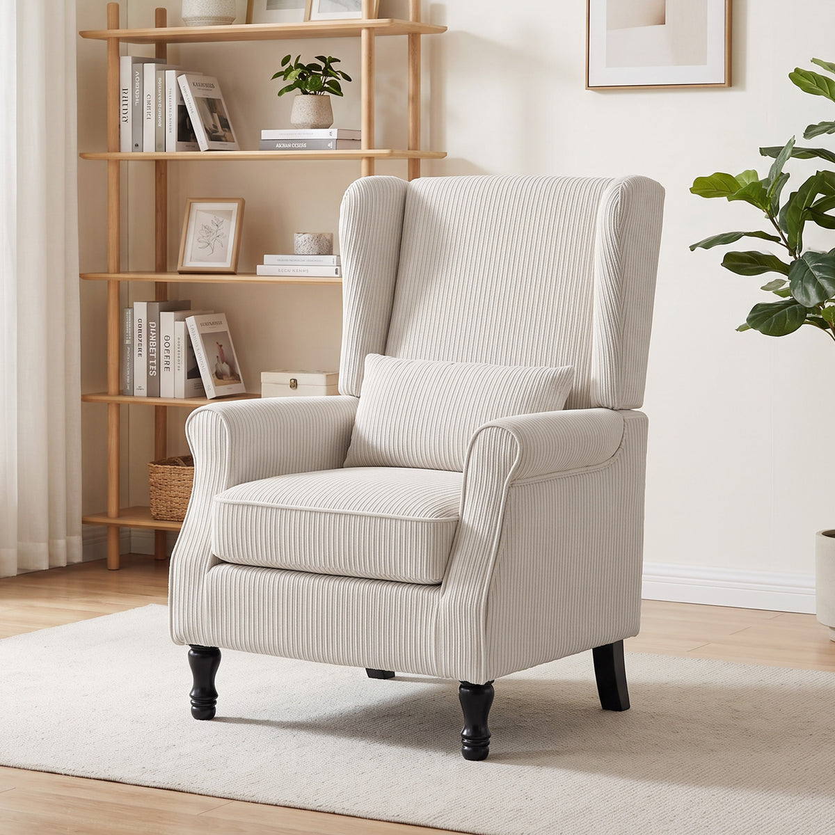 Wohnzimmersessel, moderner Beistellsessel aus Cord mit hoher Ohrensessel-Rückenlehne, Lendenkissen, Beige