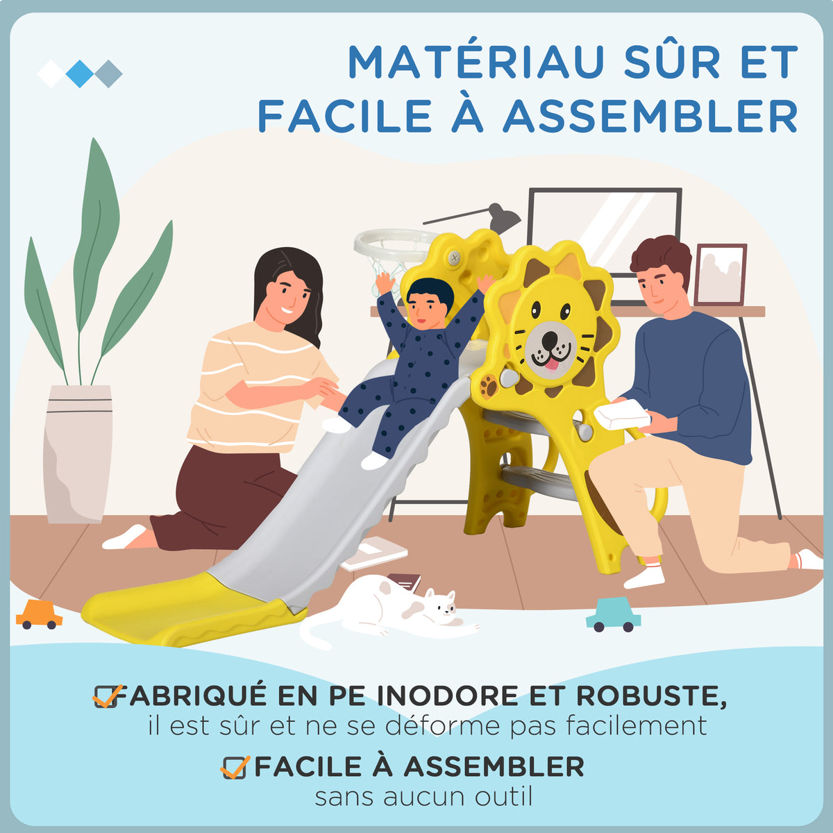 Toboggan pour enfants intérieur extérieur avec panier de basket pour les enfants de 18 à 36 mois, jaune, gris