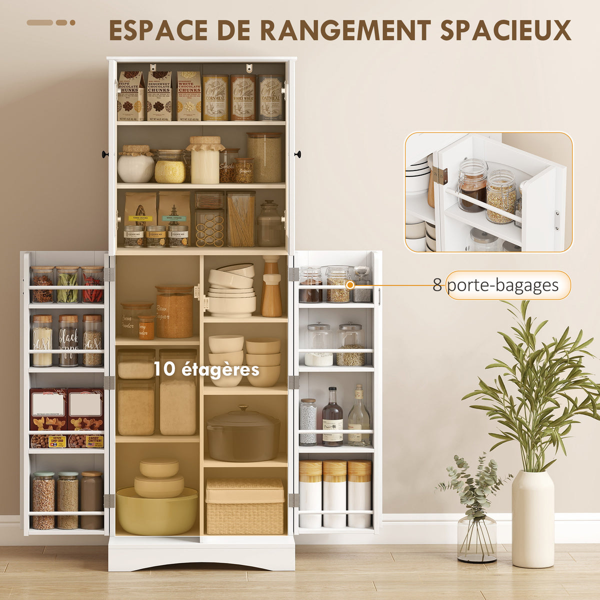 Kitchen tall sideboard, acrylic display cabinet, 4 doors, 10 compartments, 8 shelf racks, 60 x 40 x 162 cm, white