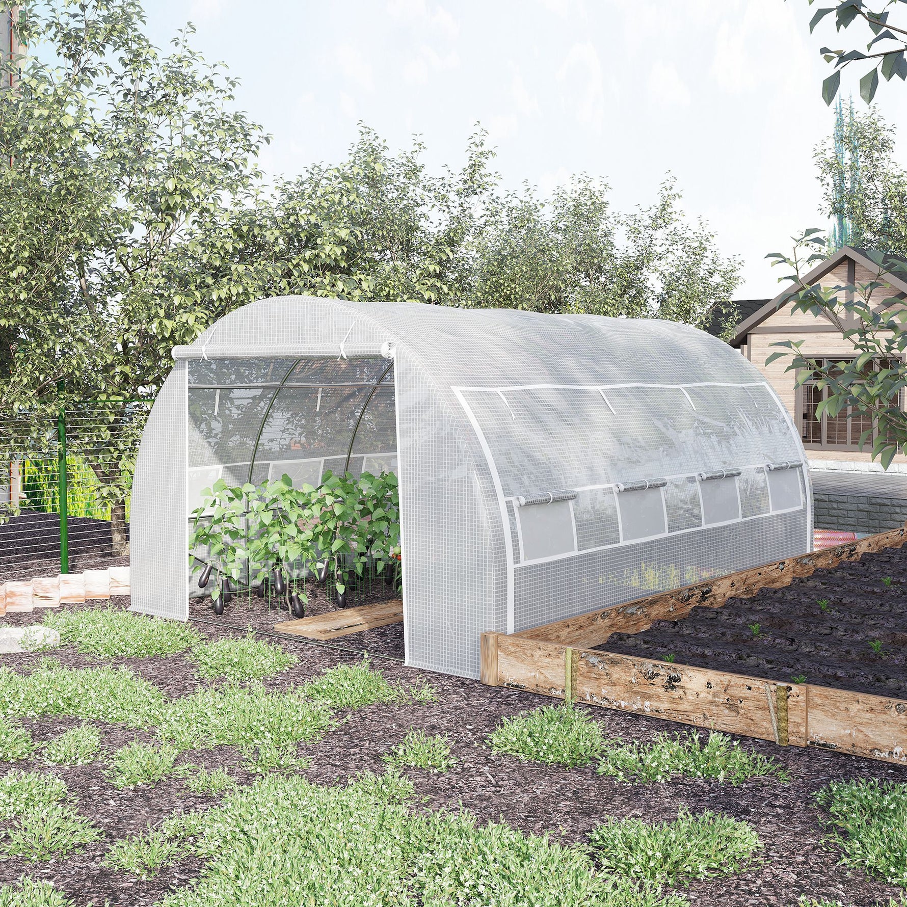 Serre de jardin serre tunnel 12 m² avec porte, parois latérales enroulables 8 fenêtres acier PE  4 x 3 x 2 m blanc