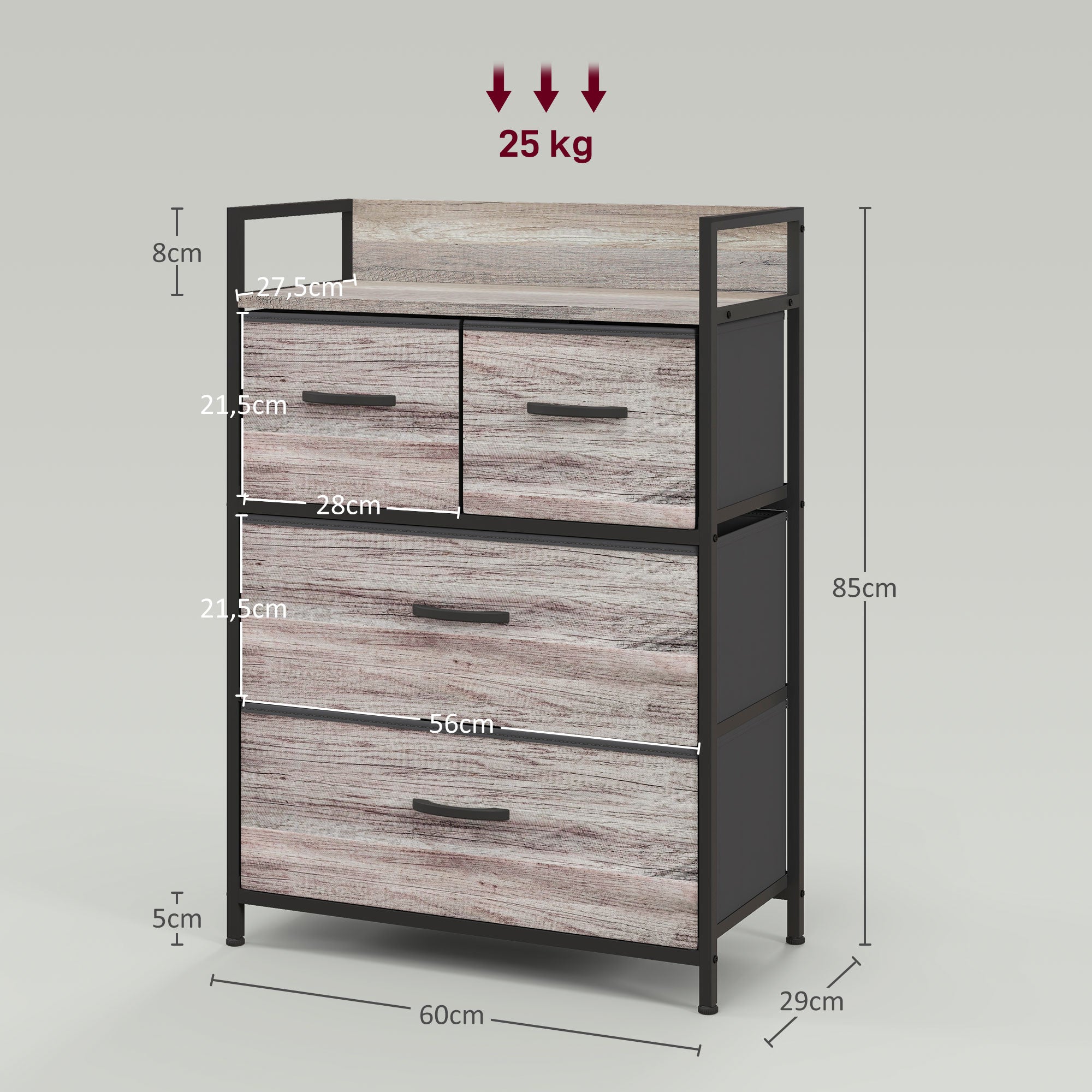 Aufbewahrungsmöbel im Industrial-Stil, Kommode mit 4 faltbaren und herausnehmbaren Stoffschubladen und 1 Ablage, 60 x 29 x 85 cm, Grau