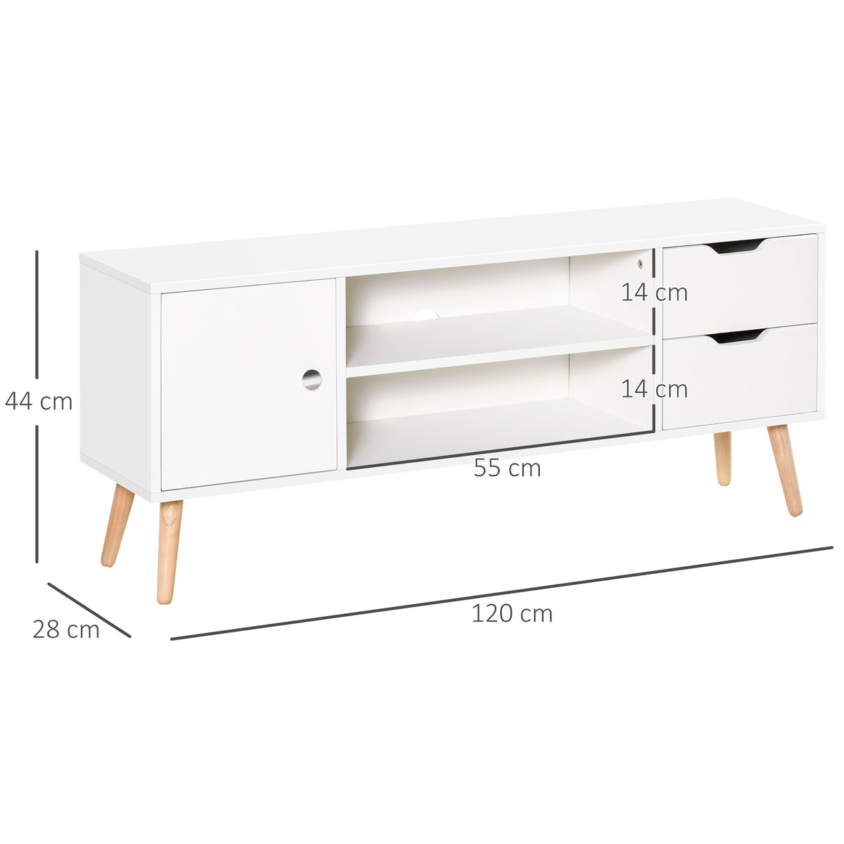Meuble TV Banc TV Style scandinave Placard 2 niches 2 tiroirs Passe-Fils Panneaux Particules Blanc Bois pin