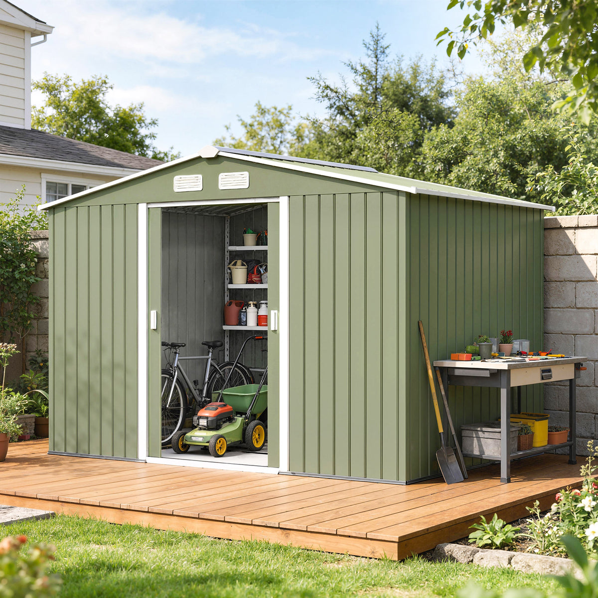 Abri de jardin 5,4 m² 2,77 x 1,95 x 1,92 m kit de fondation porte coulissante ventilations acier galvanisé, vert clair