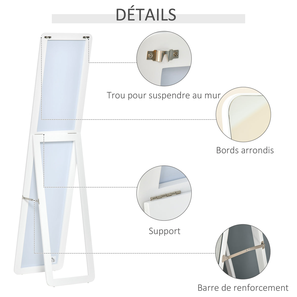 Miroir sur Pied et Mural rectangulaire dim. 37L x 43l x 156H cm Bois Aspect Blanc