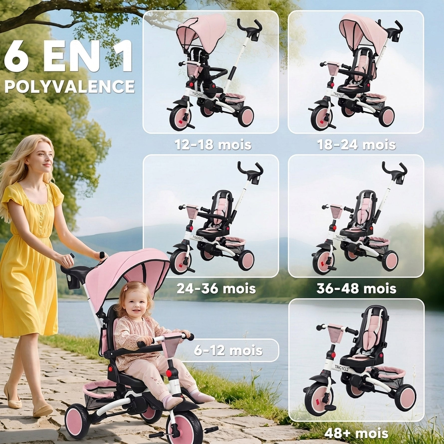 Tricycle bébé évolutif 6 en 1, tricycle enfant pliable avec poignée parentale réglable, siège pivotant 360°, rose