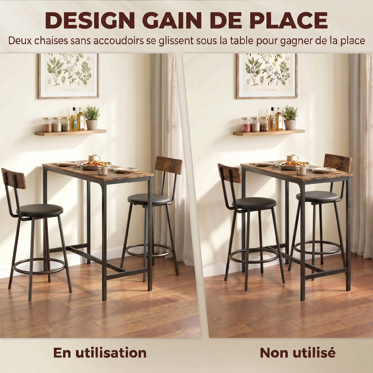 Set tavolo da bar con 2 sgabelli, tavolo alto da cucina e 2 sedie da bar imbottite in PU, poggiapiedi, marrone