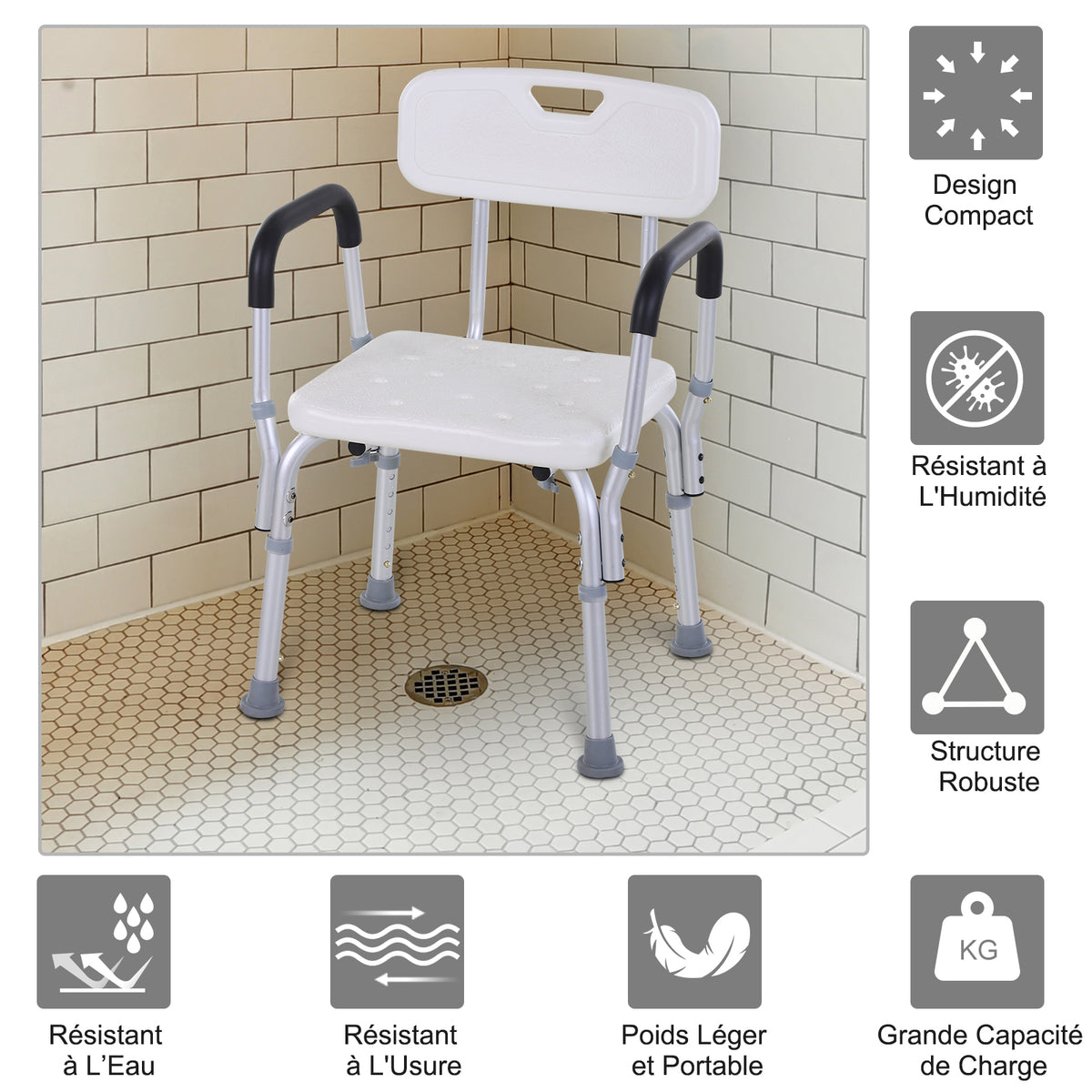 Chaise de Douche siège de Douche Ergonomique Hauteur réglable Pieds antidérapants Dossier accoudoirs Amovibles Charge Max. 136 Kg alu HDPE Blanc