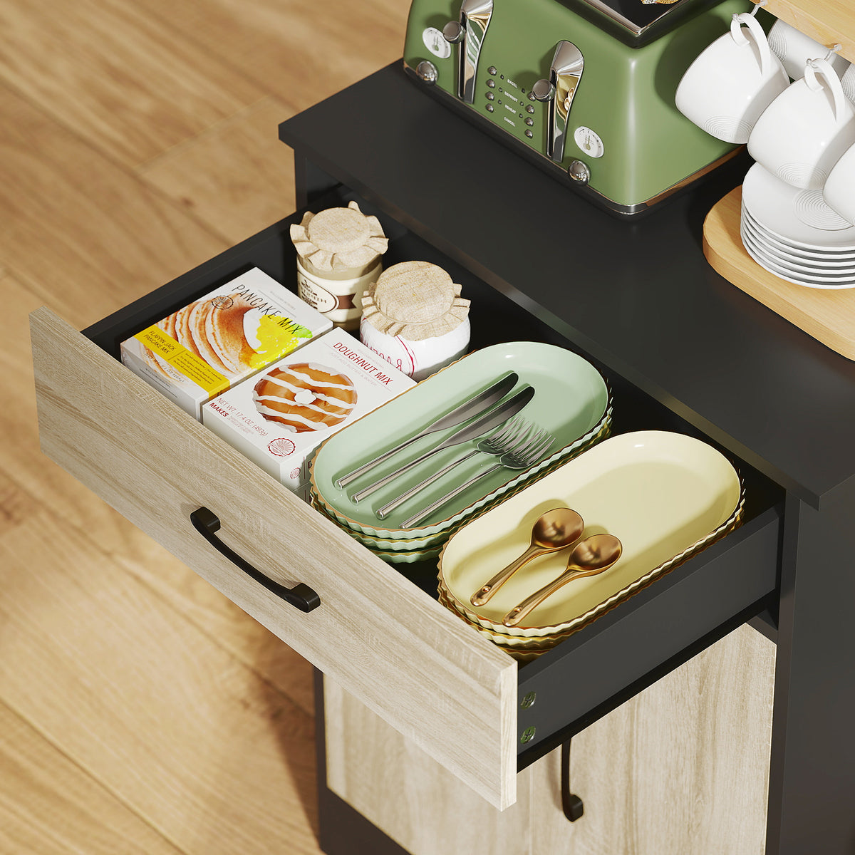 Buffet haut cuisine, armoire de cuisine, tiroir, 3 portes, étagères ouvertes, plan de travail, 60x40x180cm, bois naturel