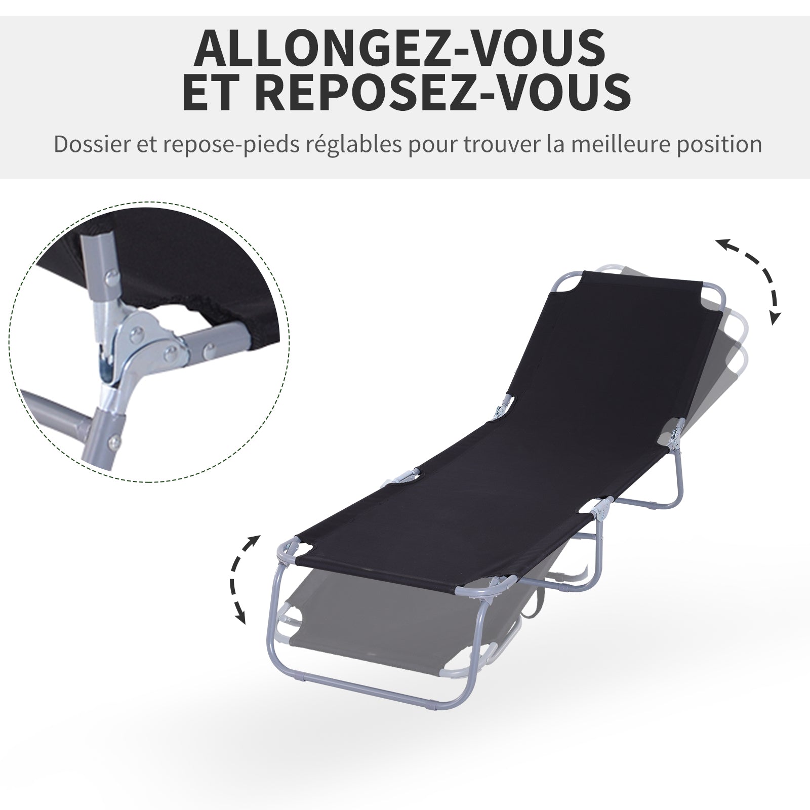 Bain de Soleil transat Pliable Dossier réglable Multipositions métal et Polyester Noir