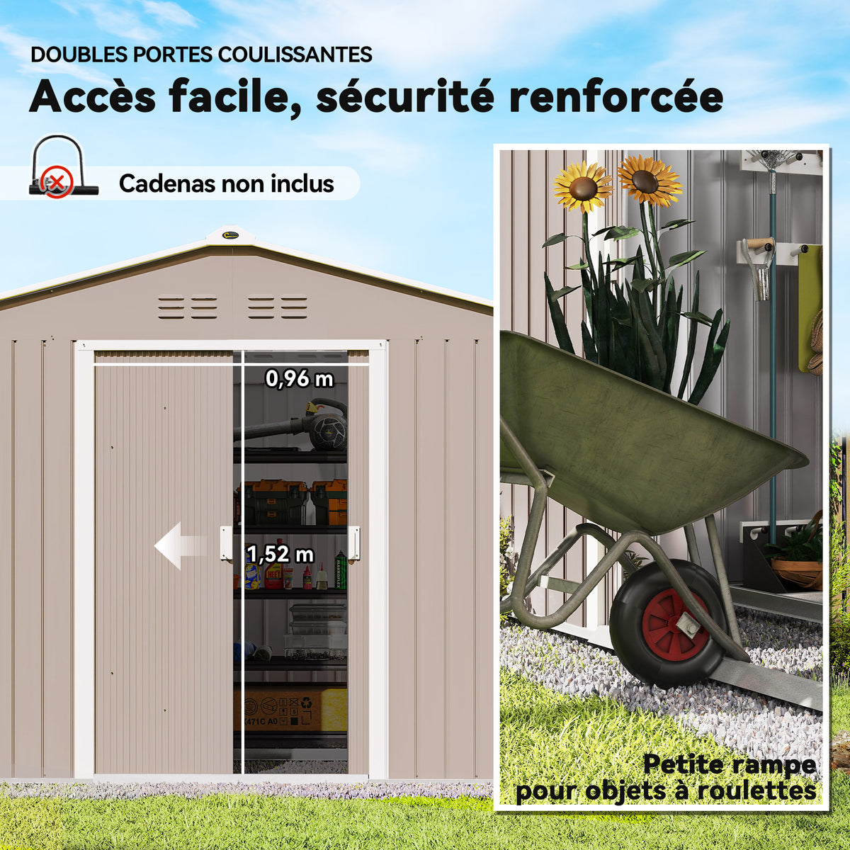 Abri de jardin 5,4 m² 2,77 x 1,95 x 1,92 m kit de fondation porte coulissante ventilations tôle acier, gris clair