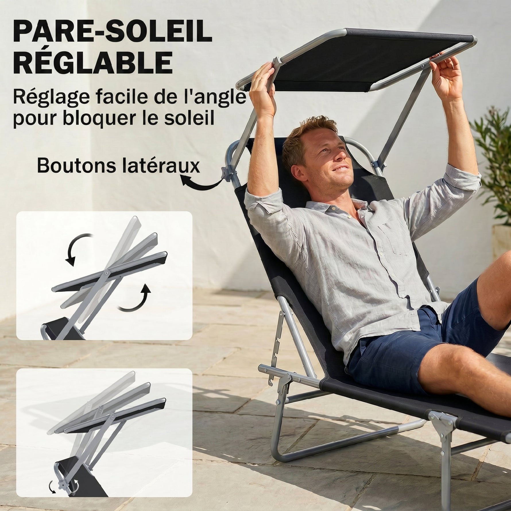 Transat Bain de Soleil Pliable Chaise Longue Pliante Grand Confort Dossier Inclinable Multi-positions et Pare-Soleil réglable Dim. 187L x 58l x 36H cm Noir