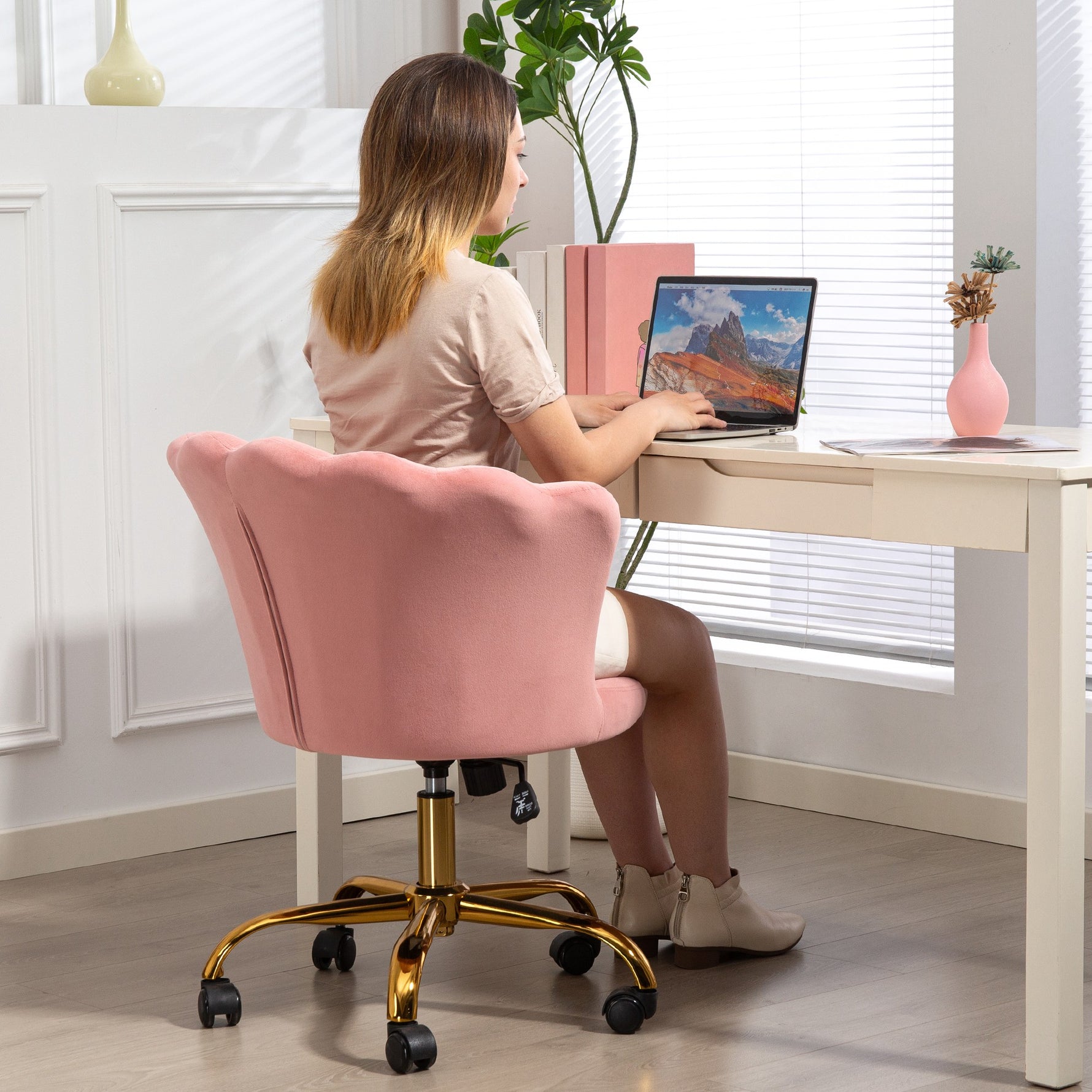 Chaise bureau en velours, chaise coiffeuse avec dossier en pétale, hauteur réglable, 69 x 64 x 80-90 cm, rose