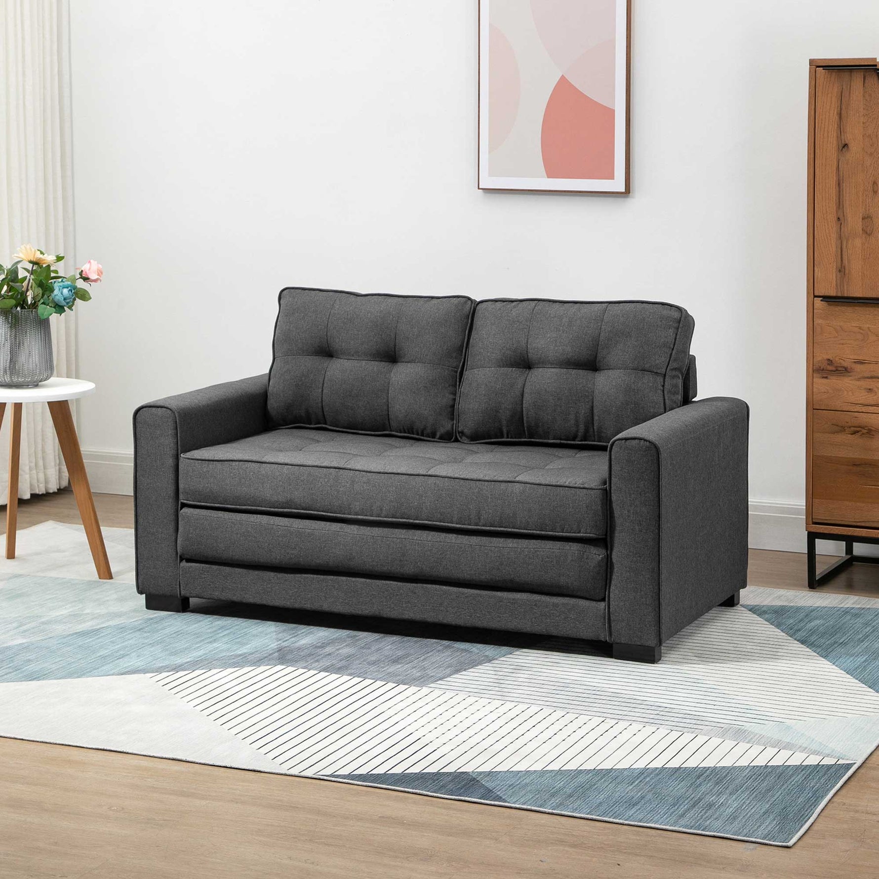 Canapé droit convertible 2 places - dossier capitonné - 147,5 x 75 x 85 cm - gris