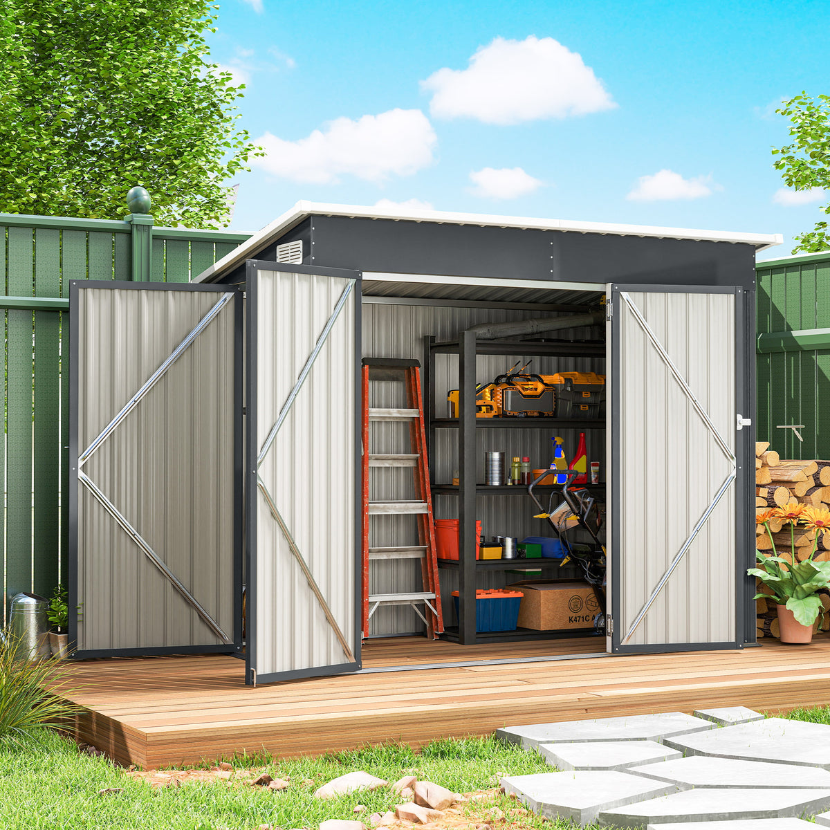 Abri de jardin en métal cabane jardin extérieure triple porte verrouillable toit incliné aérations 234x132x185cm gris