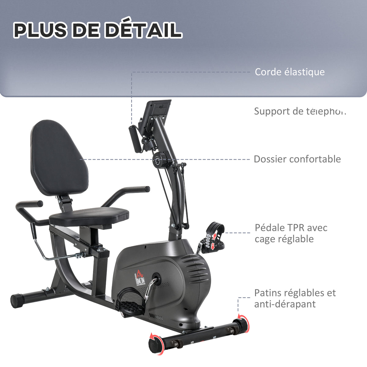 Vélo d'Appartement Semi-Allongé avec Roulettes - Vélo Couché Magnétique Silencieux pour Rééducation et Seniors - Siège Réglable avec Cordes de Résistance pour Fitness à la Maison, Noir