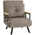 Fauteuil convertible 4 en 1 lit 1 place dossier 5 positions, accoudoirs en bois et coussin, tissu effet velours, marron