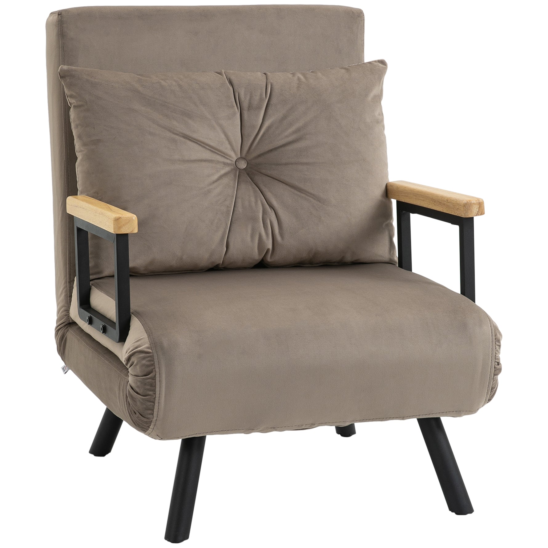 Fauteuil convertible 4 en 1 lit 1 place dossier 5 positions, accoudoirs en bois et coussin, tissu effet velours, marron