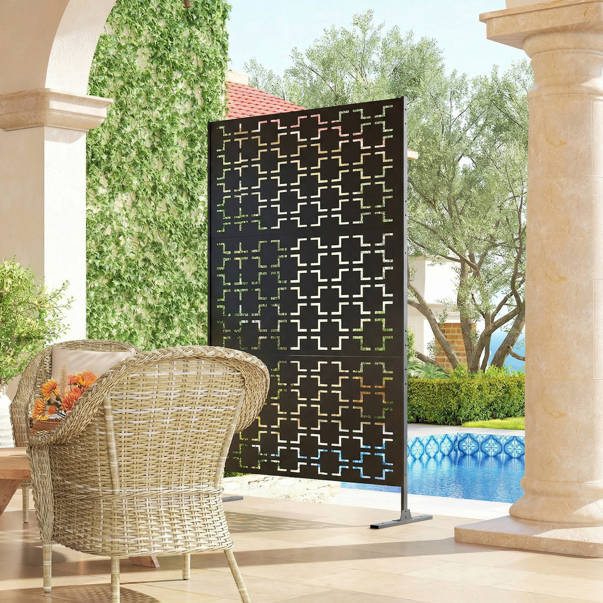 Panneau brise vue décoratif paravent extérieur à motif géométrique ajouré en métal - 122 x 45 x 198 cm, noir