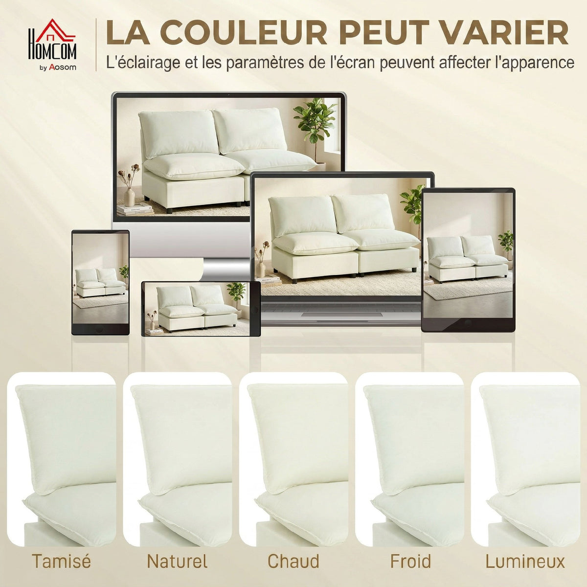 Canapé 2 places modulable, canapé de salon moderne 146 cm sans accoudoirs avec assise large, coussins épais, crème-6