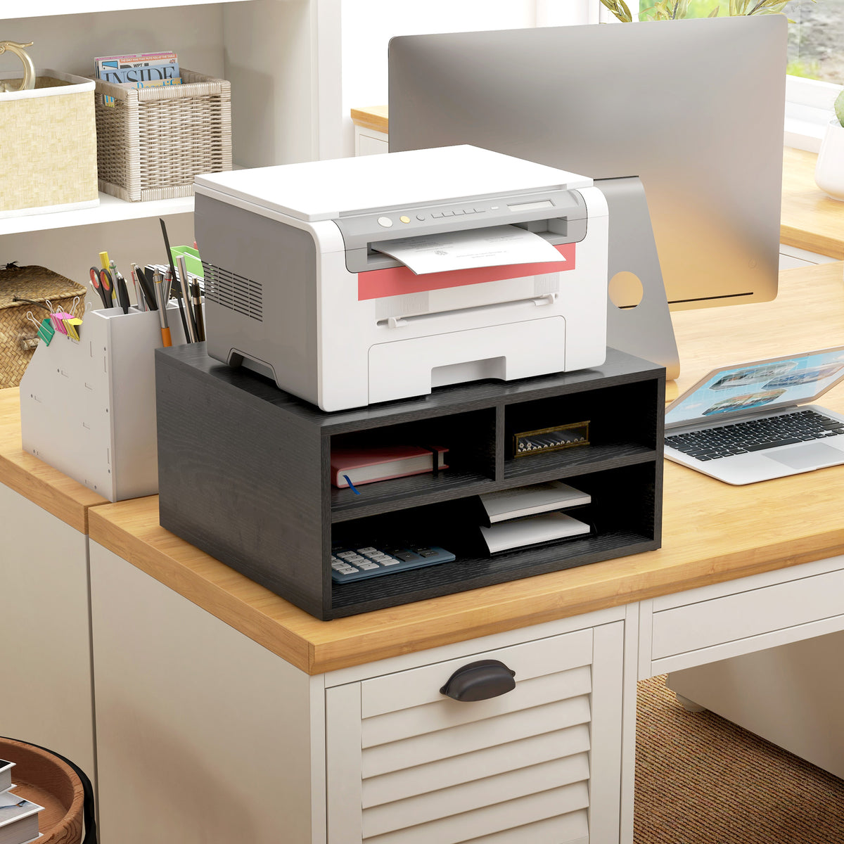 Organizador de escritorio aspecto negro con 3 compartimentos para suministros y soporte de impresora 47 x 40 x 22,5 cm
