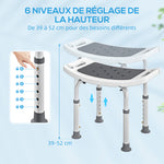 Sedile doccia regolabile in altezza, sgabello doccia ergonomico, piedini antiscivolo, carico max. 135 kg, alluminio HDPE, grigio